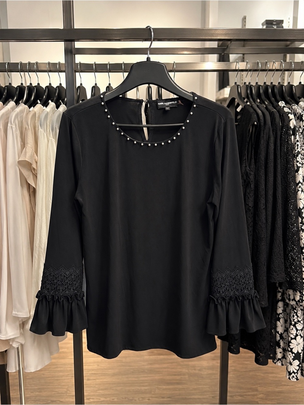 Karl Lagerfeld Black Long Sleeve Blouse with Pearl Trim and Lace Cuffs